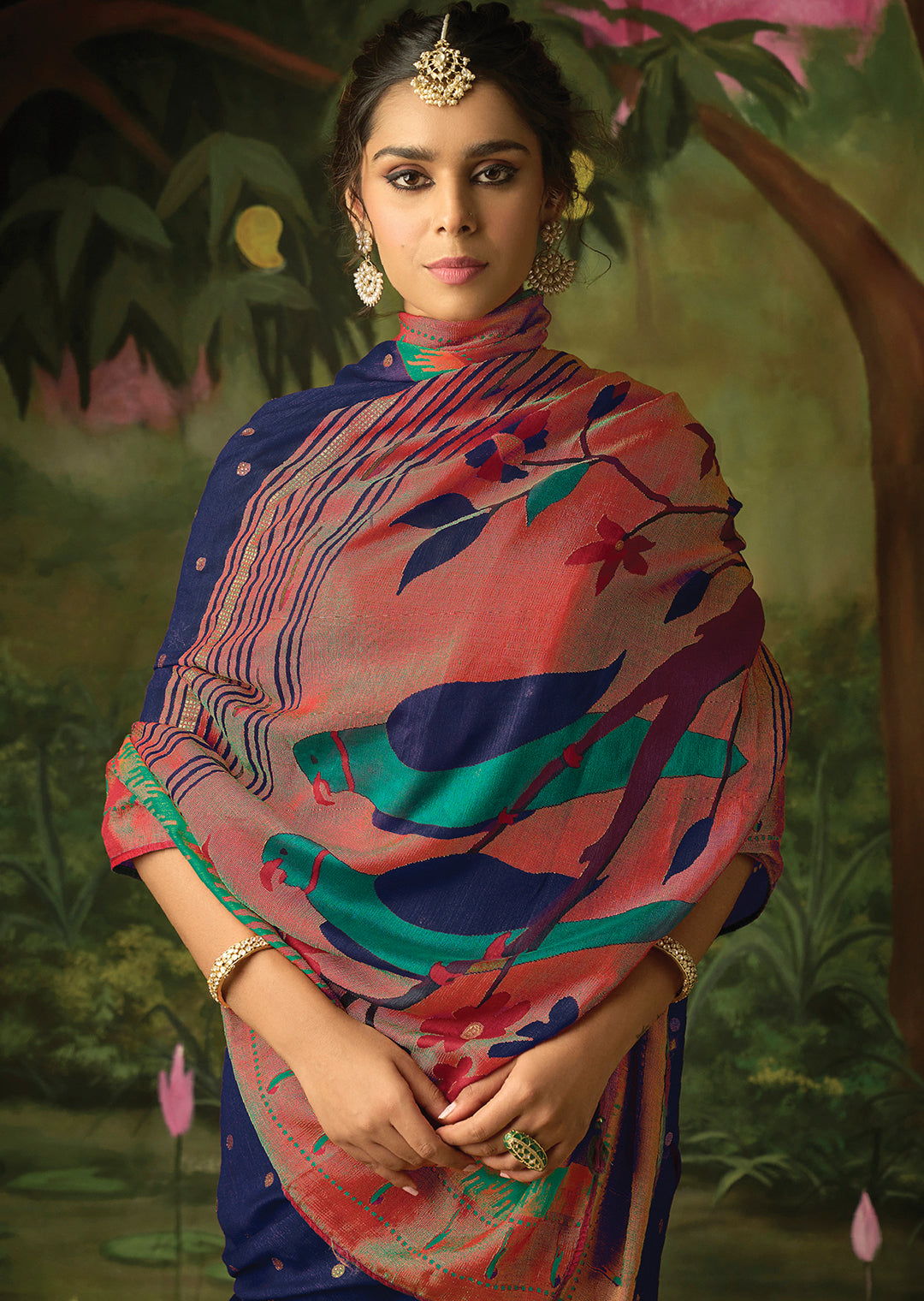 NAVY BLUE WOVEN TRADITIONAL PURE BRASSO CHIFFON PAITHANI SAREE WITH EMBROIDERED SILK BLOUSE