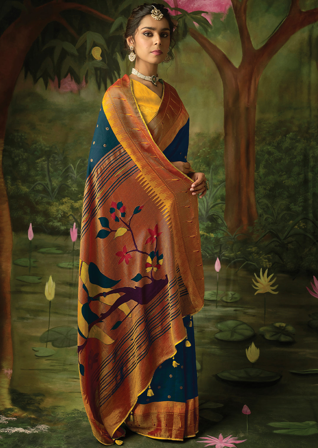 TALE BLUE WOVEN TRADITIONAL PURE BRASSO CHIFFON PAITHANI SAREE WITH EMBROIDERED SILK BLOUSE