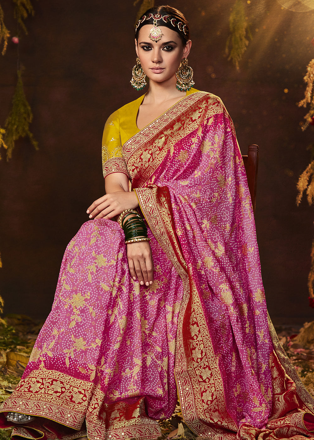 CARNATION PINK WOVEN PURE GEORGETTE BANDHANI SAREE WITH BANARASI SILK BORDER & HEAVY EMBROIDERED BLOUSE