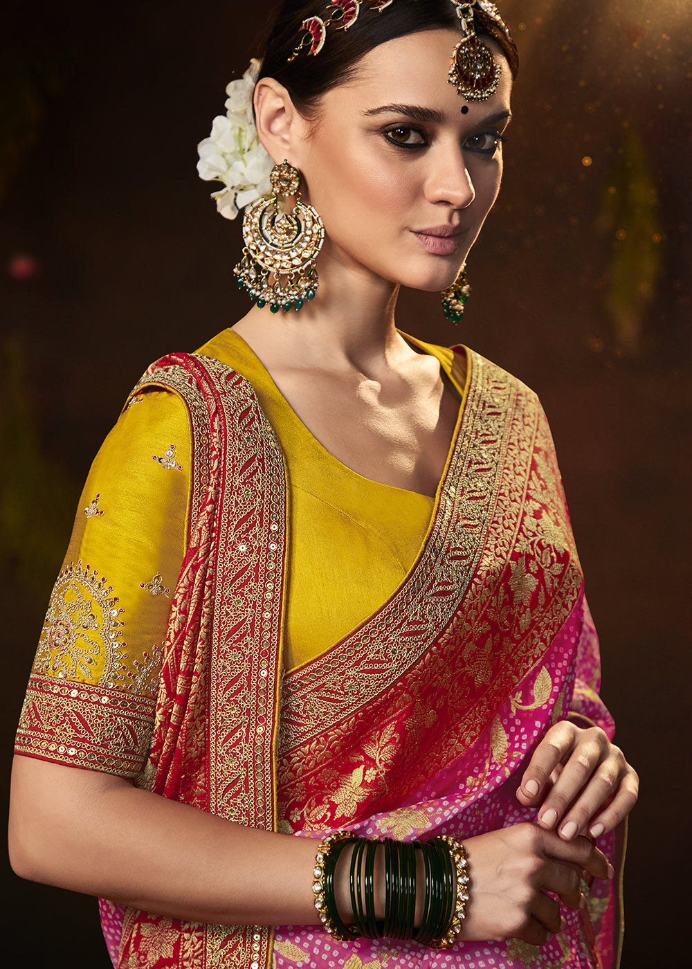 CARNATION PINK WOVEN PURE GEORGETTE BANDHANI SAREE WITH BANARASI SILK BORDER & HEAVY EMBROIDERED BLOUSE