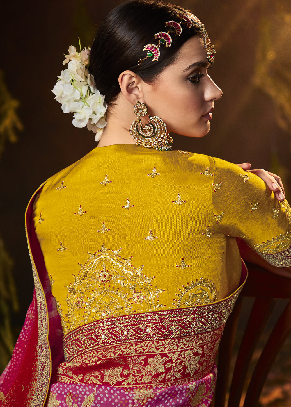 CARNATION PINK WOVEN PURE GEORGETTE BANDHANI SAREE WITH BANARASI SILK BORDER & HEAVY EMBROIDERED BLOUSE