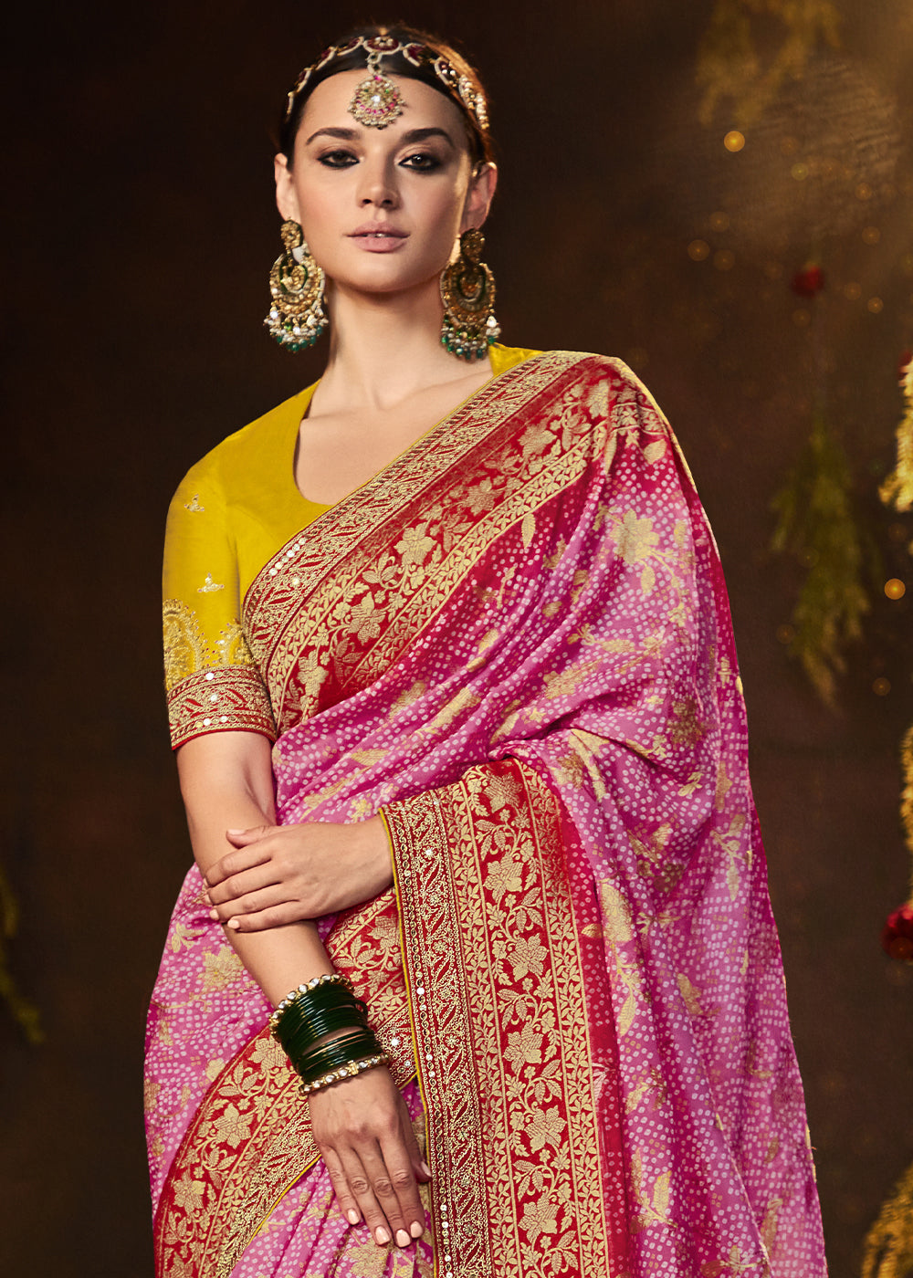 CARNATION PINK WOVEN PURE GEORGETTE BANDHANI SAREE WITH BANARASI SILK BORDER & HEAVY EMBROIDERED BLOUSE