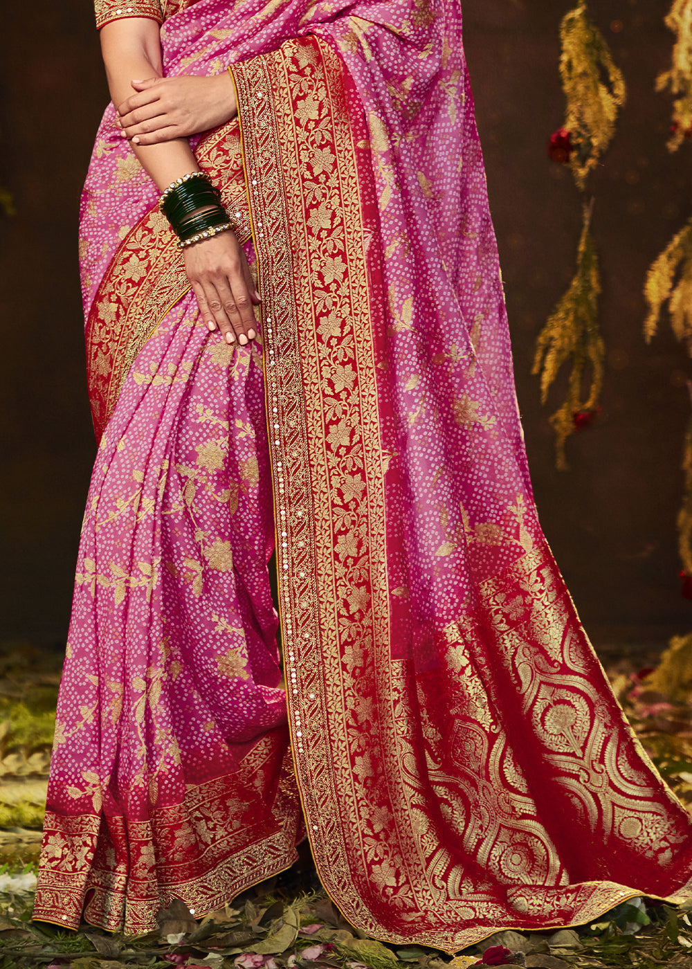 CARNATION PINK WOVEN PURE GEORGETTE BANDHANI SAREE WITH BANARASI SILK BORDER & HEAVY EMBROIDERED BLOUSE
