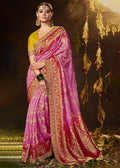 CARNATION PINK WOVEN PURE GEORGETTE BANDHANI SAREE WITH BANARASI SILK BORDER & HEAVY EMBROIDERED BLOUSE