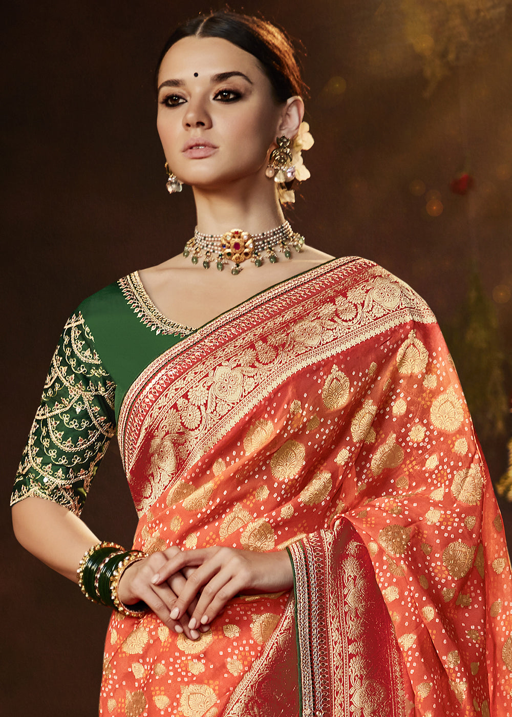 ORANGE 	WOVEN PURE GEORGETTE BANDHANI SAREE WITH BANARASI SILK BORDER & HEAVY EMBROIDERED BLOUSE