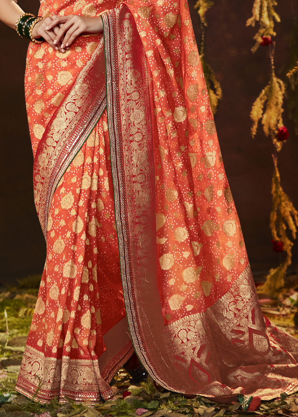 ORANGE 	WOVEN PURE GEORGETTE BANDHANI SAREE WITH BANARASI SILK BORDER & HEAVY EMBROIDERED BLOUSE