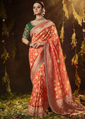 ORANGE 	WOVEN PURE GEORGETTE BANDHANI SAREE WITH BANARASI SILK BORDER & HEAVY EMBROIDERED BLOUSE