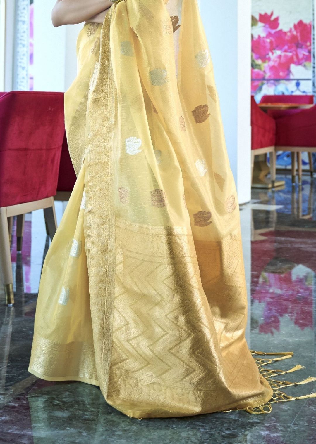 Corn Yellow Hand Woven Organza Tissue Silk Saree