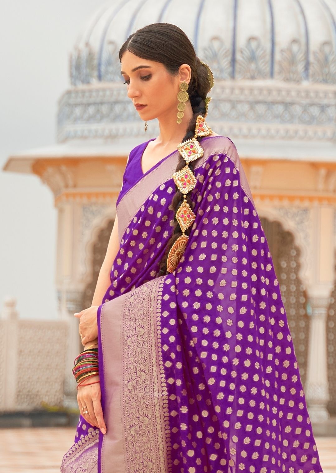 Violet Purple Woven Khaddi Georgette Banarasi Saree With Embroidered Silk Blouse