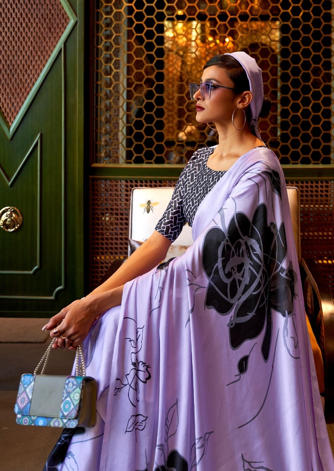Bright Wisteria Purple Digital Printed Satin Crepe Silk Saree