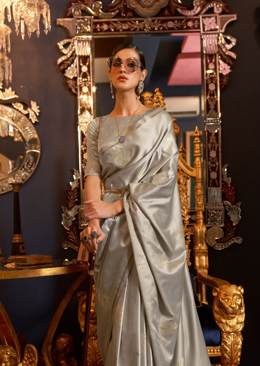 Pearl River Grey Woven Pure Satin Silk Saree