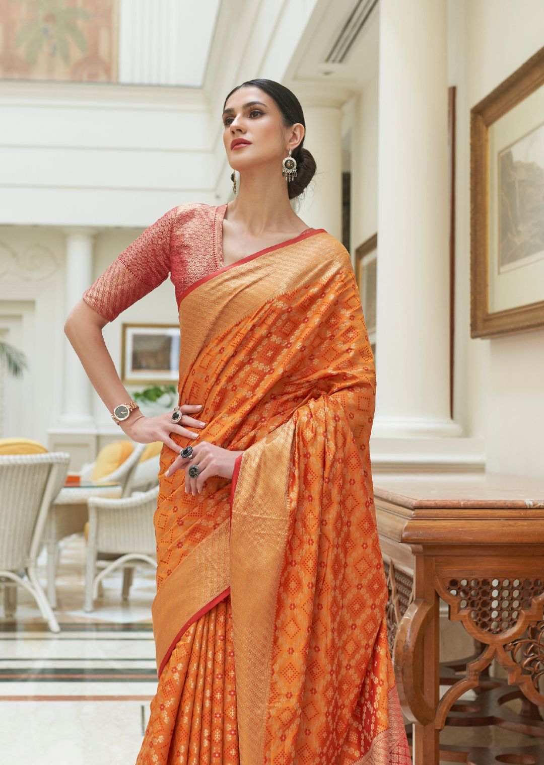 Mustard Yellow Zari Woven Traditional Patola Silk Saree With Self Brocade Blouse