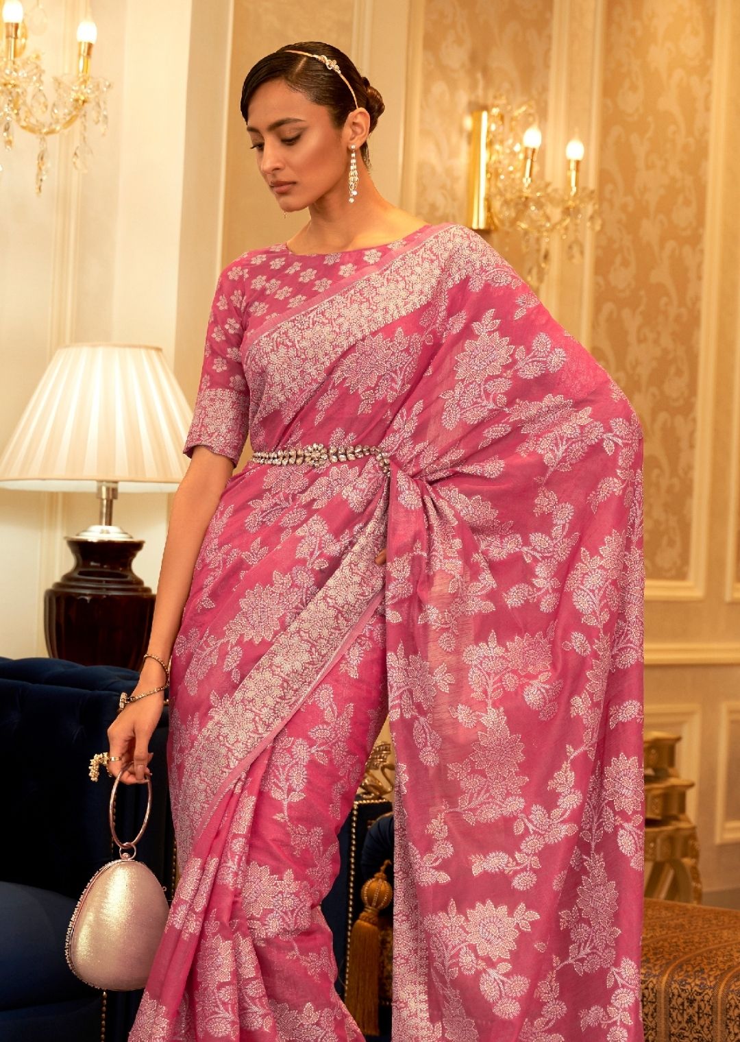 Deep Pink Woven Pure Handloom Chickankari Lucknowi Cotton Saree