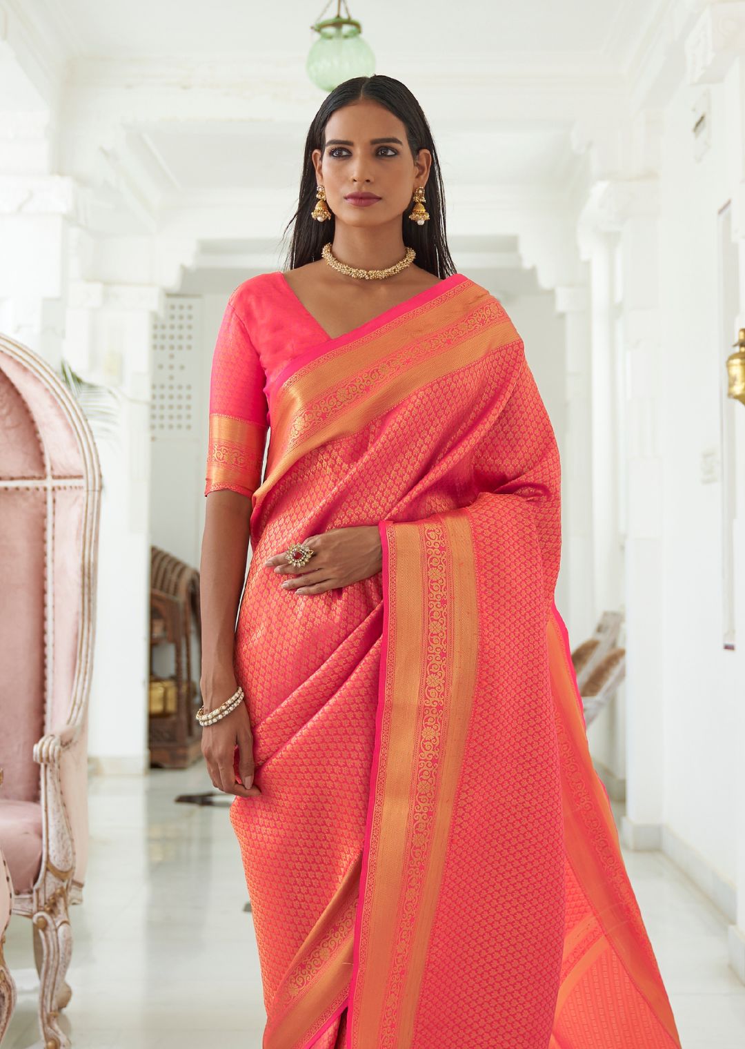 Coral Pink Hand Woven Kanjivaram Silk Saree