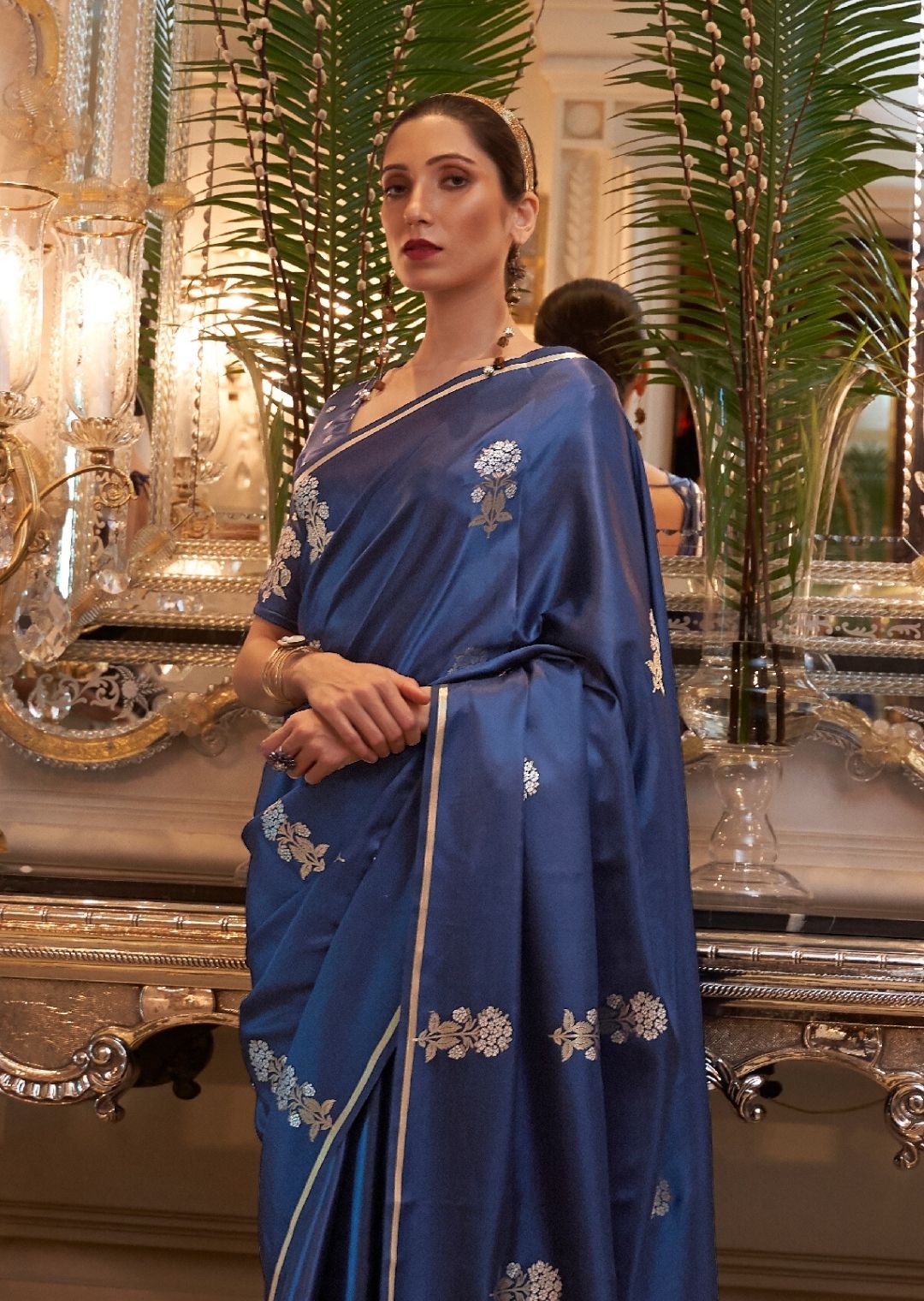 Blue Woven Pure Satin Silk Saree