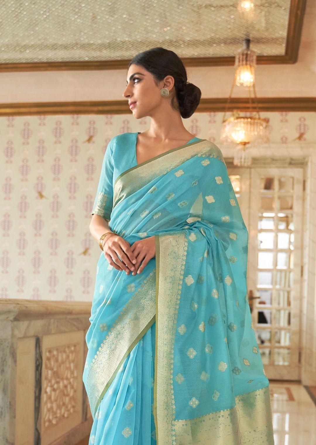Sky Blue Hand Woven Organza Silk Saree