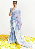 Cornflower Blue Hand Woven Lucknowi Cotton Saree
