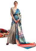 Dove Grey & Blue Digital Printed Satin Crepe Saree