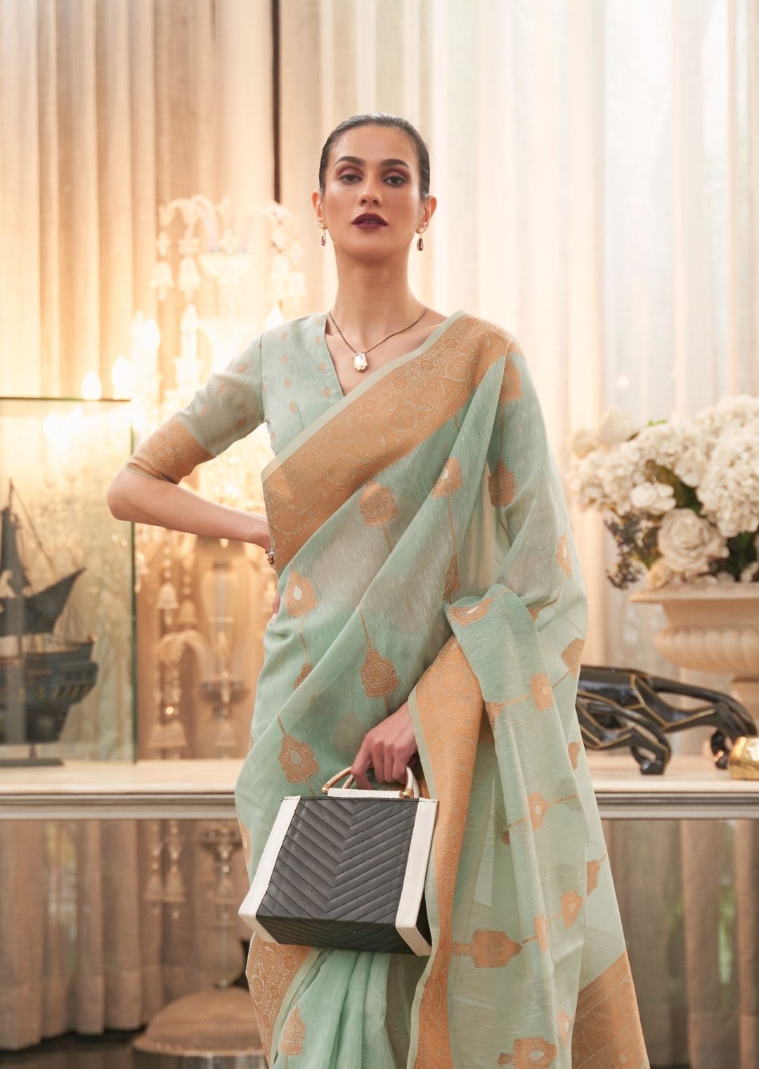 Mint Green Zari Woven Pure Handloom Linen Saree