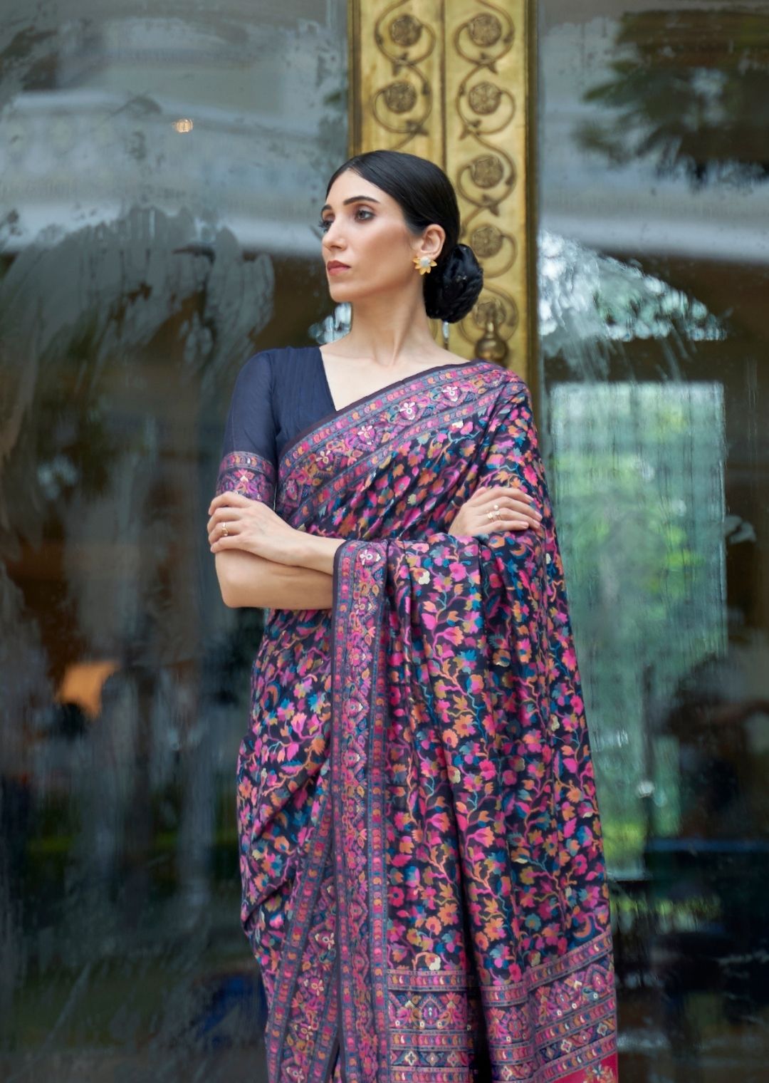 Navy Blue Woven Kashmiri Jamewar Silk Saree