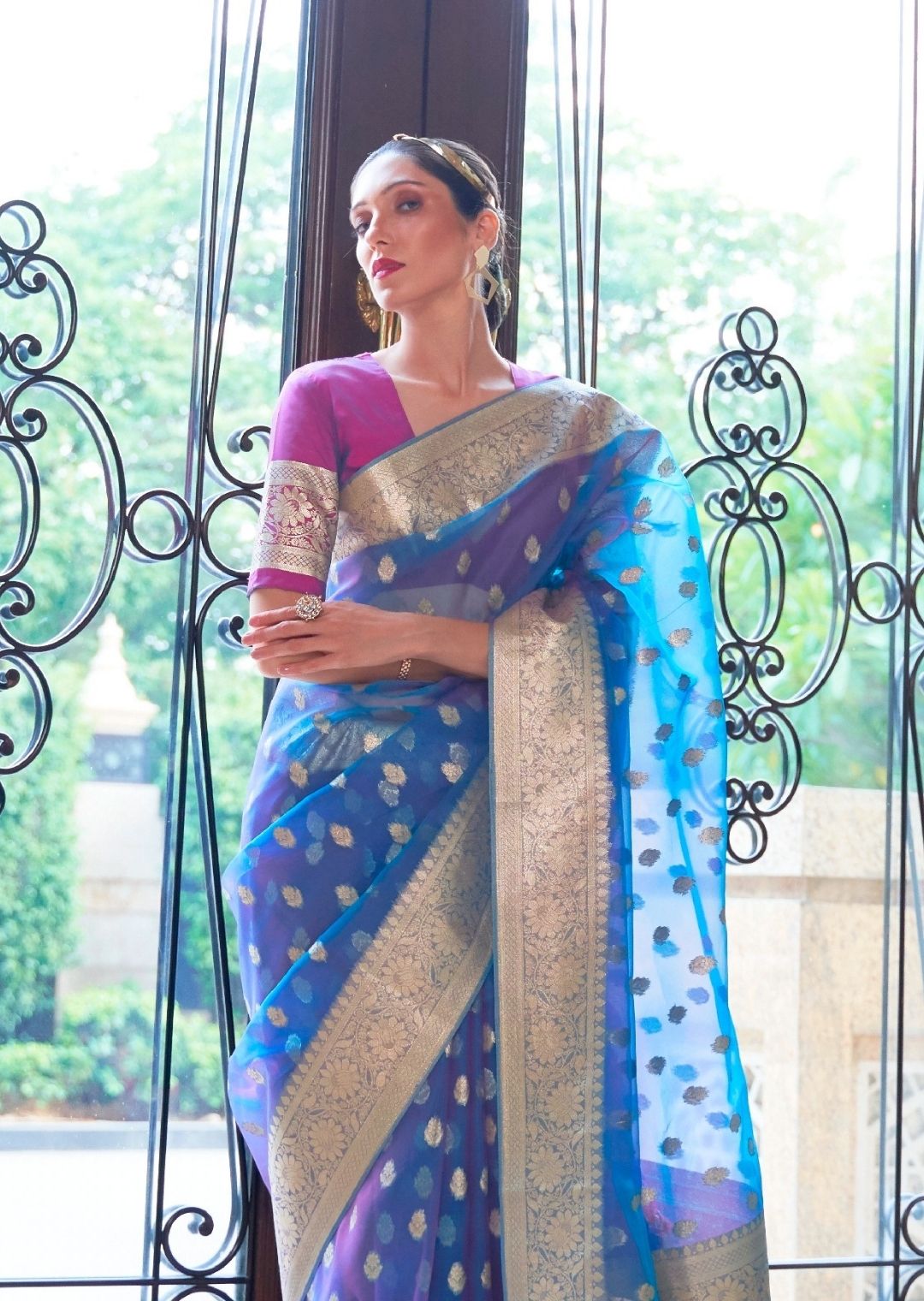 Cornflower Purple Hand Woven Organza Chanderi Silk Saree