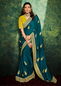 Teal Blue Woven Celebrities Exclusive Designer Saree with Embroidered Silk Blouse