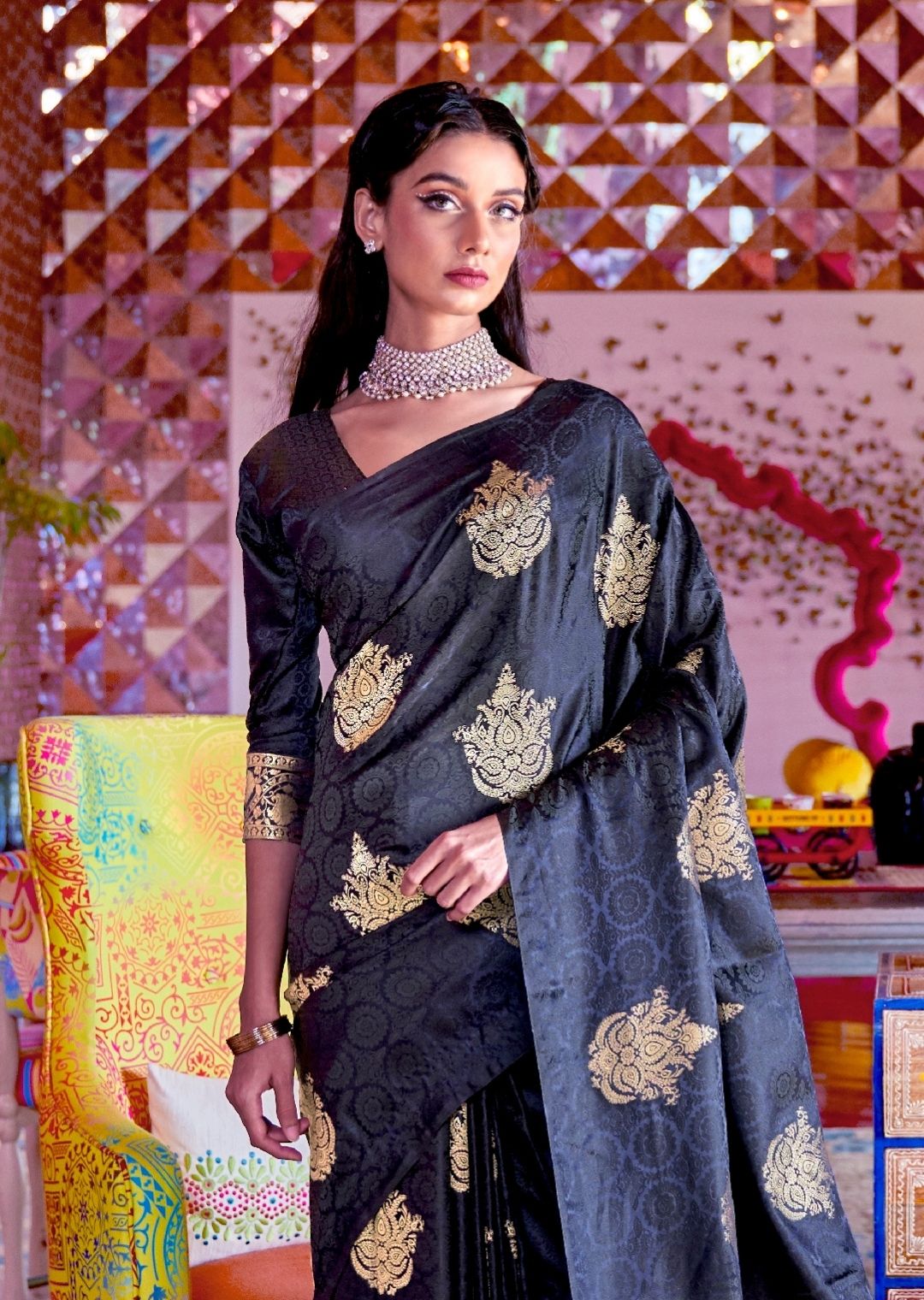 Black Woven Pure Satin Silk Saree