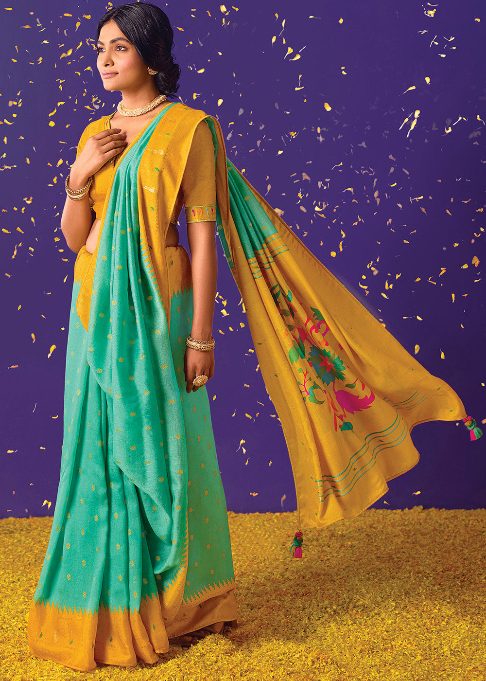 SEAFOAM GREEN WOVEN PURE BRASSO CHIFFON SAREE WITH EMBROIDERED SILK BLOUSE