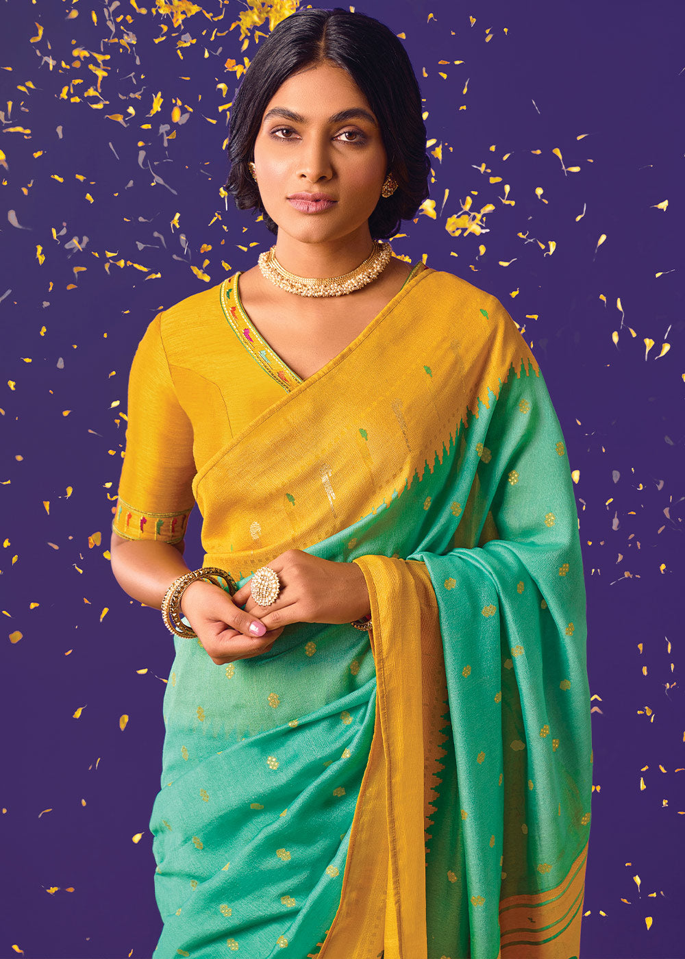 SEAFOAM GREEN WOVEN PURE BRASSO CHIFFON SAREE WITH EMBROIDERED SILK BLOUSE