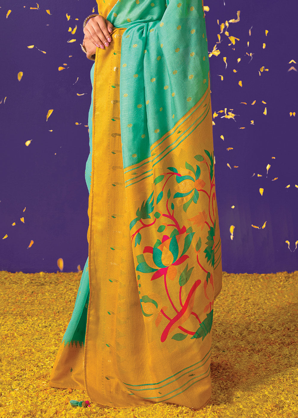 SEAFOAM GREEN WOVEN PURE BRASSO CHIFFON SAREE WITH EMBROIDERED SILK BLOUSE