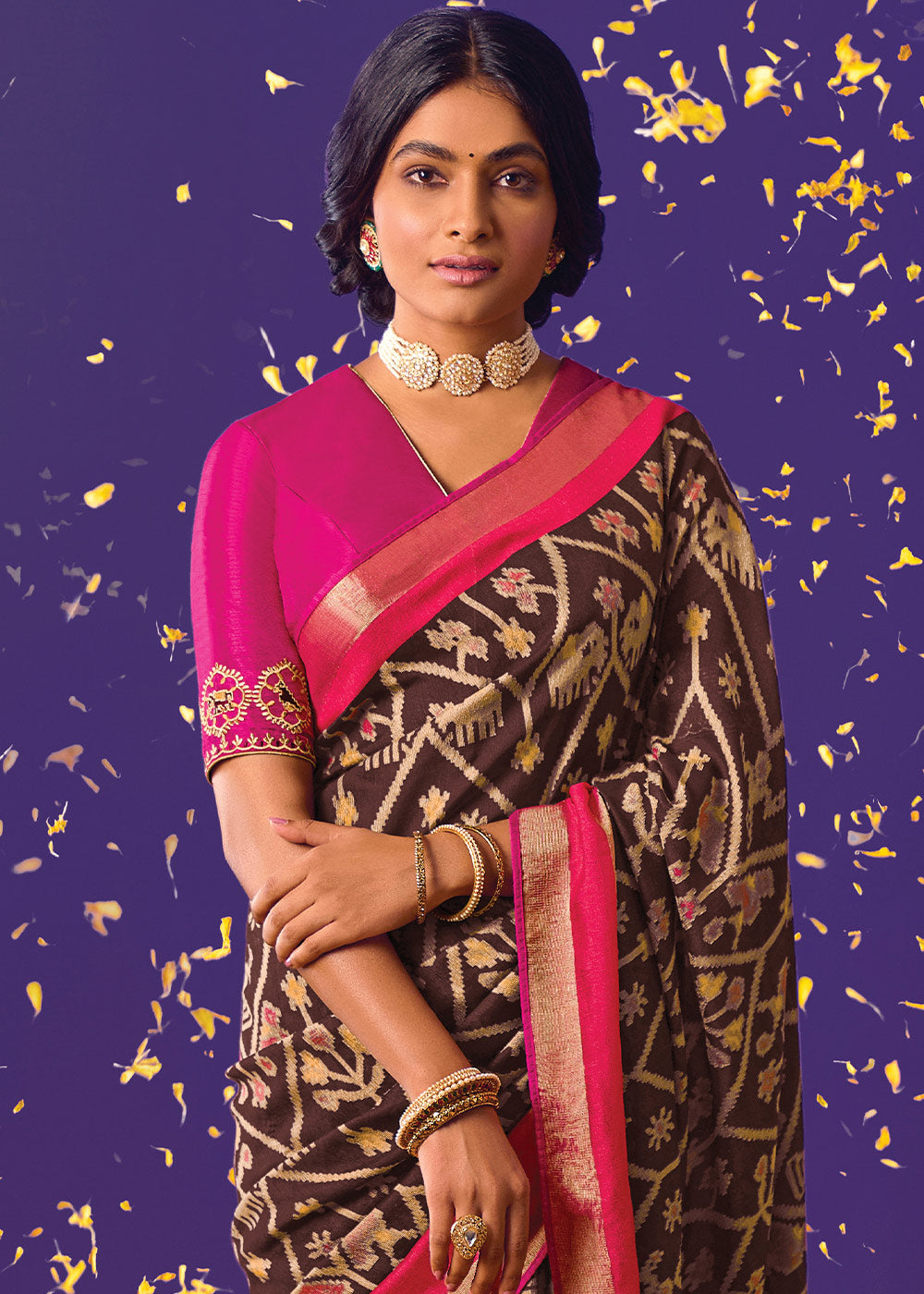HICKORY BROWN WOVEN PURE BRASSO CHIFFON SAREE WITH EMBROIDERED SILK BLOUSE