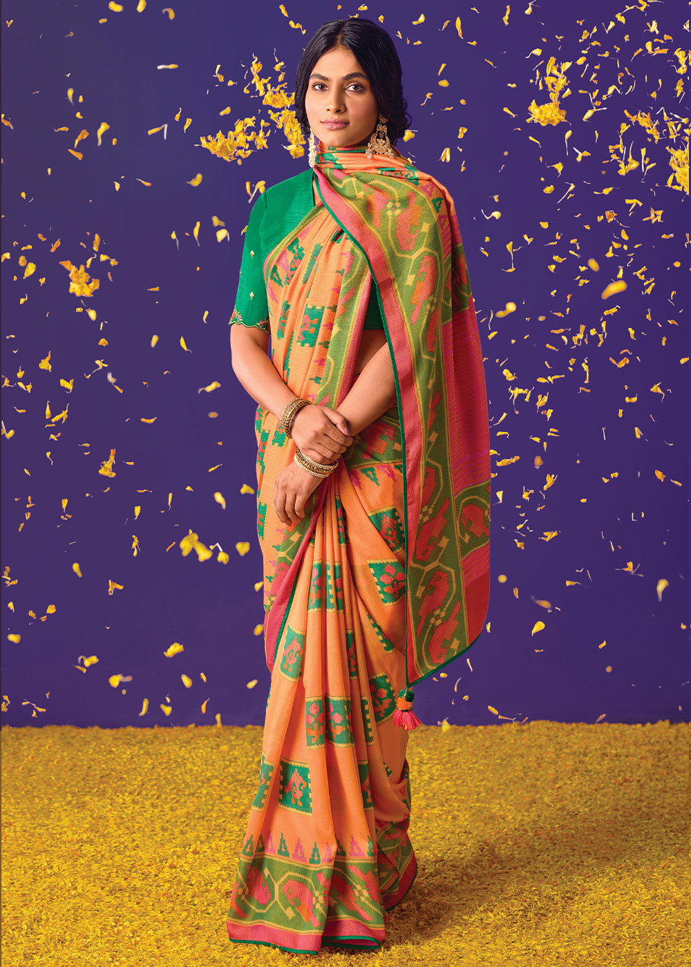 MELON ORANGE WOVEN PURE BRASSO CHIFFON SAREE WITH EMBROIDERED SILK BLOUSE
