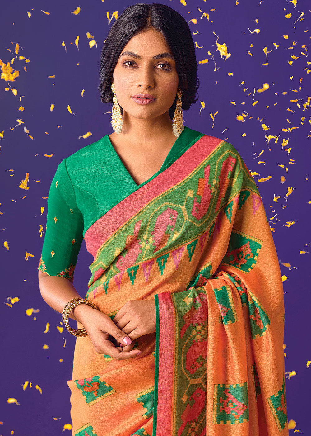 MELON ORANGE WOVEN PURE BRASSO CHIFFON SAREE WITH EMBROIDERED SILK BLOUSE