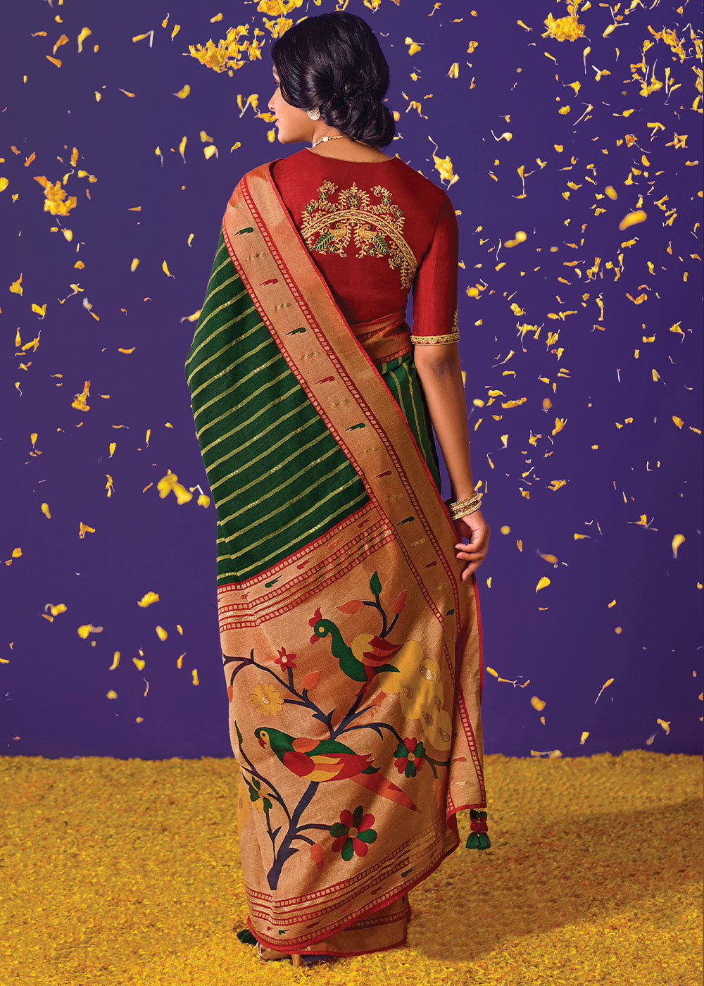 BOTTLE GREEN AND RED WOVEN PURE BRASSO CHIFFON SAREE WITH EMBROIDERED SILK BLOUSE