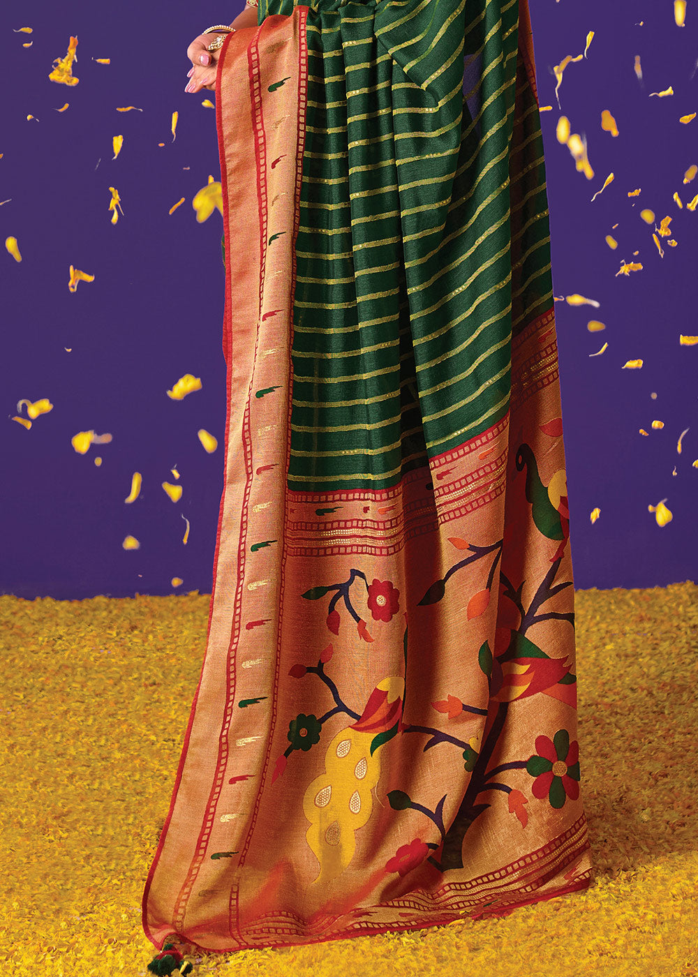 BOTTLE GREEN AND RED WOVEN PURE BRASSO CHIFFON SAREE WITH EMBROIDERED SILK BLOUSE