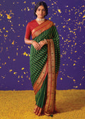 BOTTLE GREEN AND RED WOVEN PURE BRASSO CHIFFON SAREE WITH EMBROIDERED SILK BLOUSE