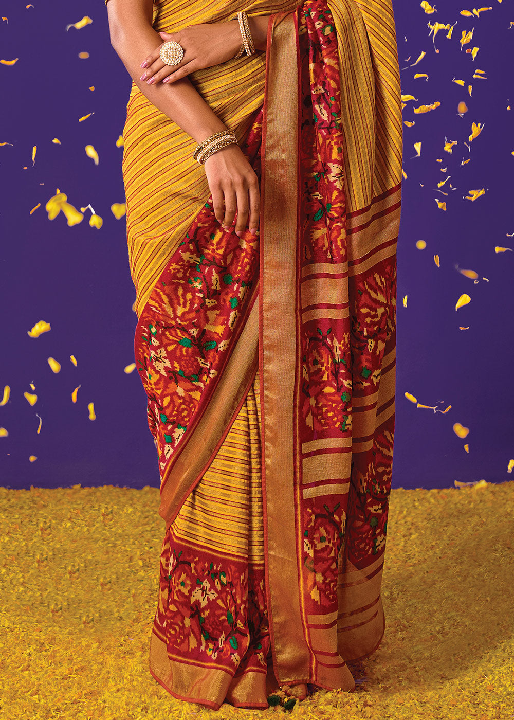 MUSTARD YELLOW WOVEN PURE BRASSO CHIFFON SAREE WITH EMBROIDERED SILK BLOUSE