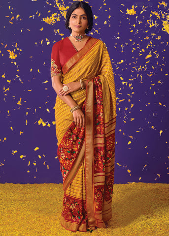MUSTARD YELLOW WOVEN PURE BRASSO CHIFFON SAREE WITH EMBROIDERED SILK BLOUSE