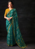 TEAL GREEN WOVEN PURE BRASSO CHIFFON SAREE WITH EMBROIDERED SILK BLOUSE