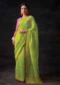 LIME GREEN WOVEN PURE BRASSO CHIFFON SAREE WITH EMBROIDERED SILK BLOUSE