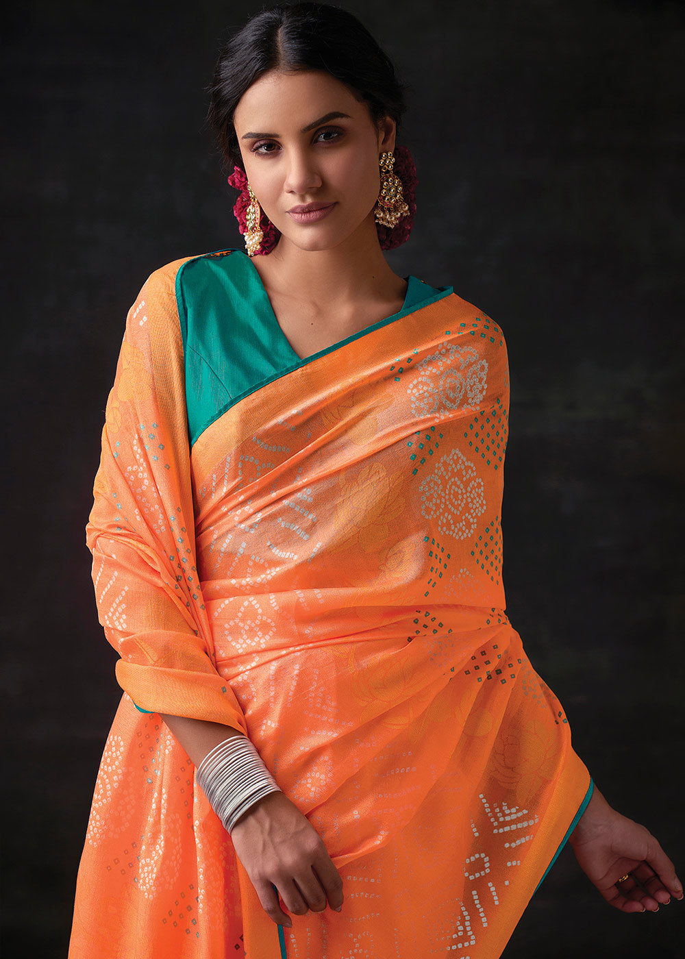 MELON ORANGE WOVEN PURE BRASSO CHIFFON SAREE WITH EMBROIDERED SILK BLOUSE