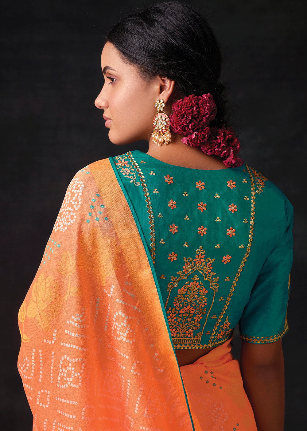 MELON ORANGE WOVEN PURE BRASSO CHIFFON SAREE WITH EMBROIDERED SILK BLOUSE