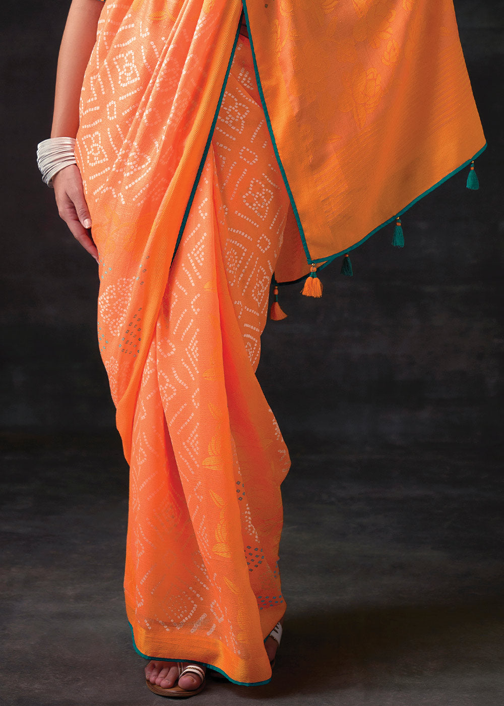 MELON ORANGE WOVEN PURE BRASSO CHIFFON SAREE WITH EMBROIDERED SILK BLOUSE