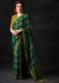 BOTTLE GREEN WOVEN PURE BRASSO CHIFFON SAREE WITH EMBROIDERED SILK BLOUSE