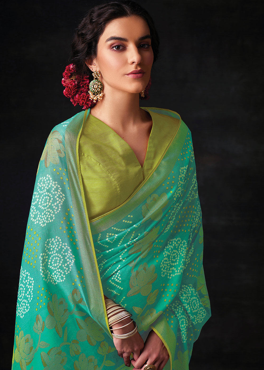 SEAFOAM GREEN  WOVEN PURE BRASSO CHIFFON SAREE WITH EMBROIDERED SILK BLOUSE