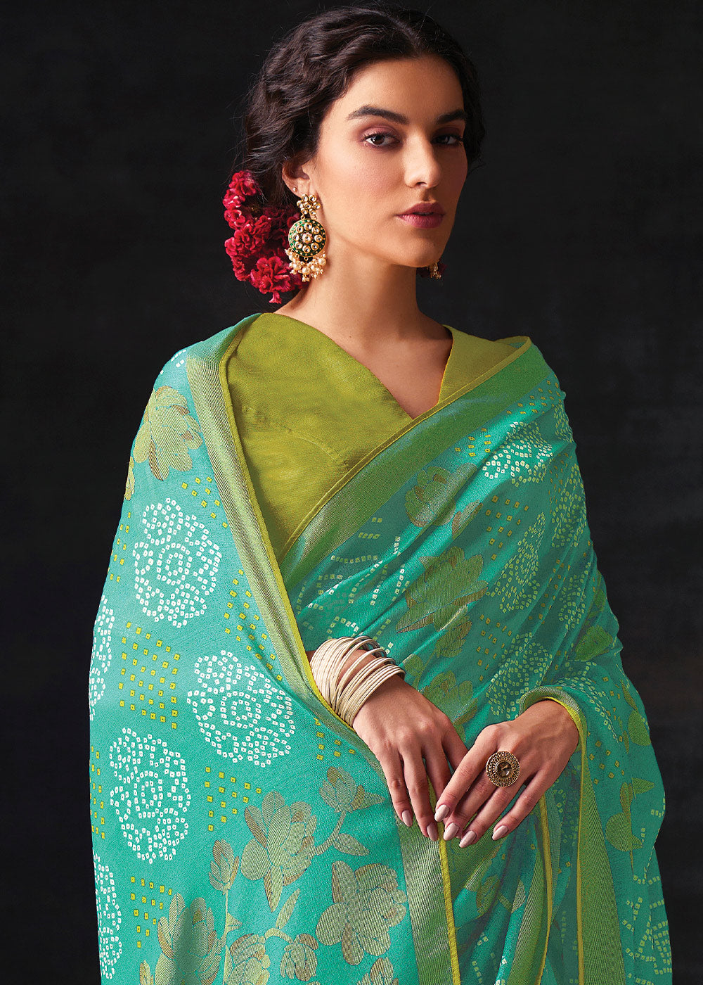 SEAFOAM GREEN  WOVEN PURE BRASSO CHIFFON SAREE WITH EMBROIDERED SILK BLOUSE
