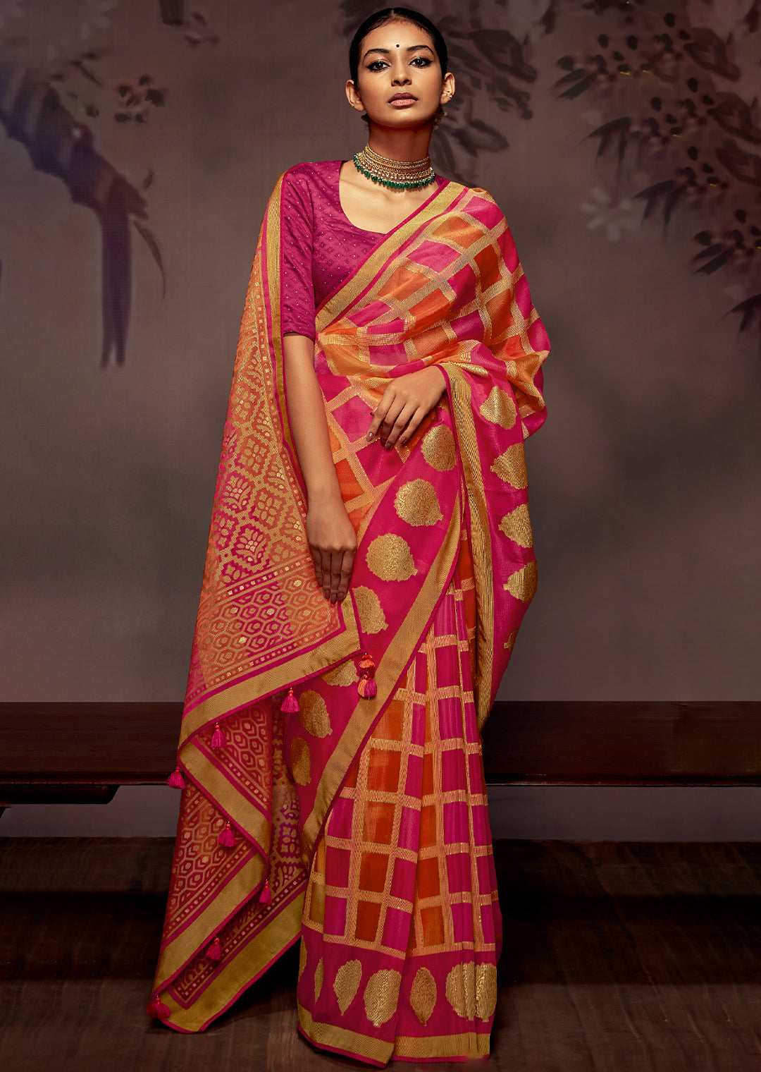 ORANGE AND PINK WOVEN PURE BRASSO CHIFFON SAREE WITH BROCADE BLOUSE