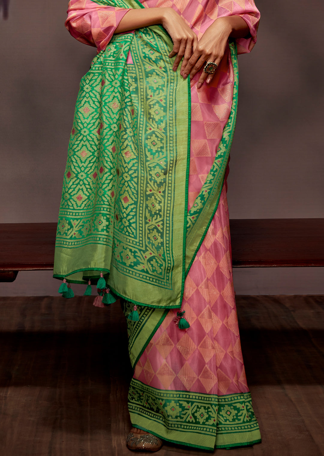 CARNATION PINK WOVEN PURE BRASSO CHIFFON SAREE WITH BROCADE BLOUSE
