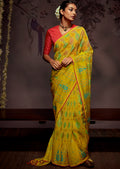 CORN YELLOW WOVEN PURE BRASSO CHIFFON SAREE WITH BROCADE BLOUSE