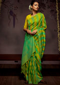 LIME GREEN AND YELLOW WOVEN PURE BRASSO CHIFFON SAREE WITH BROCADE BLOUSE
